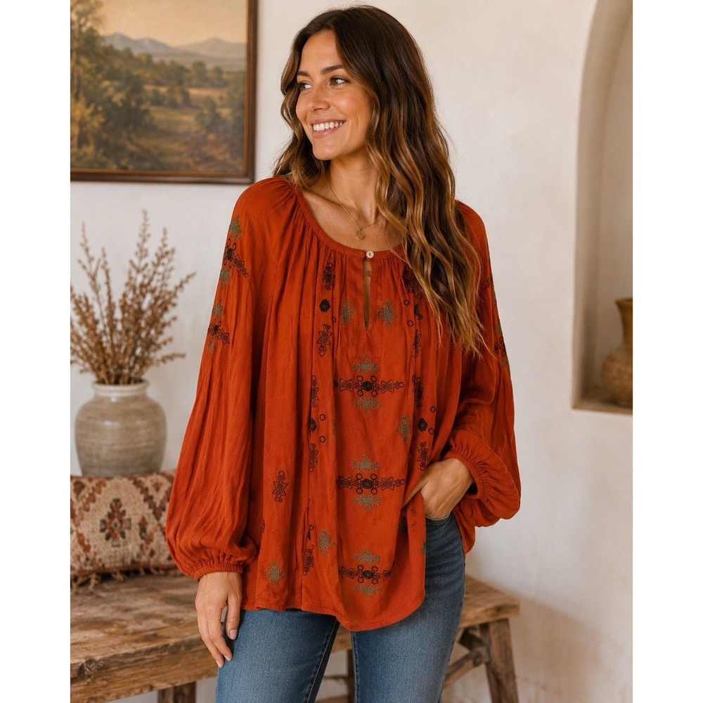 Hazel Xl Rust Orange Embroidered Peasant Blouse Boho Balloon Sleeve Top